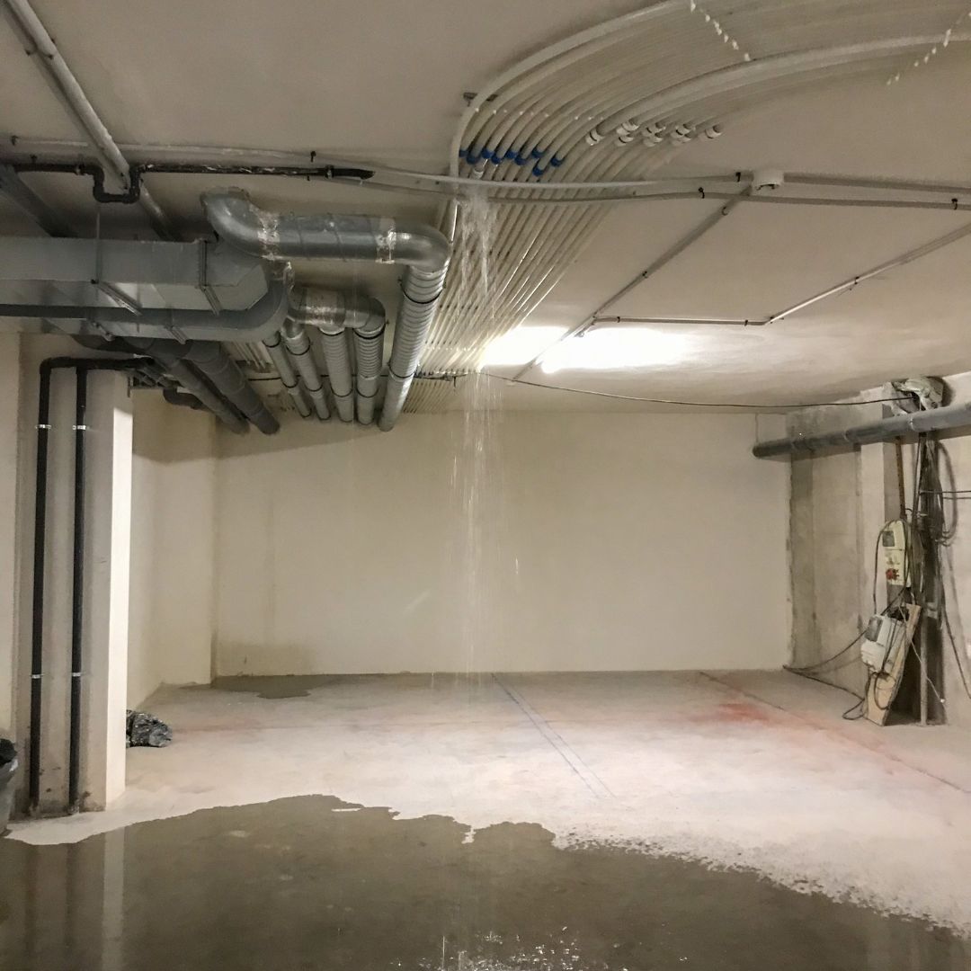 Water leaking from ceiling pipes in a commercial plant room